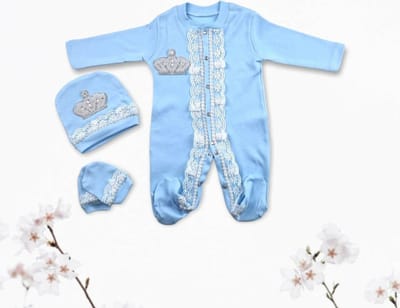 Baby royal boxpakje Diamanten en Parel Kroontje 3-delig - maat 62 - blauw - baby jongen - babykleertjes - Kraamkado