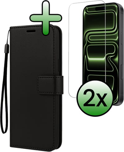 Hoesje Met 2x Screenprotector - Geschikt voor iPhone 17 Pro / 18 Pro - Luxe Pasjeshouder - Bookcase Portemonee - Flip Case - Kunstleer Book Case - Flipcase Hoes - Book Cover - Walletcase - Portemonneehoes - Zwart
