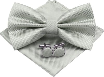 Fako Fashion - Vlinderstrik, Pochette & Manchetknopen - Kleine Ruit - Vlinderdas - Strikje - Pochet - Lichtgrijs