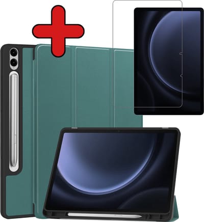 Hoesje - Geschikt voor Samsung Galaxy Tab S9 FE Plus - Met Screenprotector - Trifold Bookcase Hoes - Hard Cover Case - Met Uitsparing Geschikt voor S Pen - Hardcover Book - Tablethoes - Donkergroen