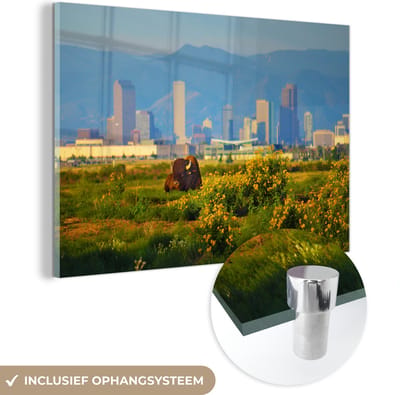 ® Glasschilderij 180x120 cm - Schilderij acrylglas - Denver - Buffel - Bloemen - Foto op glas - Muurdecoratie woonkamer - Wanddecoratie slaapkamer - Schilderijen