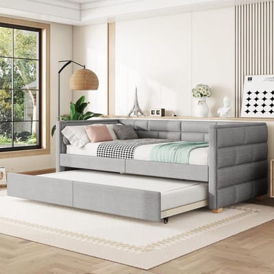 Slaapbank met bed - Bank bed - Ruimtebesparend slapen - Uitschuifbaar slaapdeel - 90 x 200 cm - Grijs