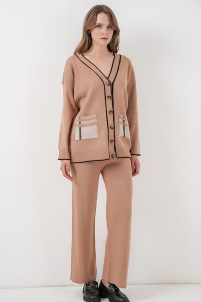 Pocket Gedetailleerde V-hals Cardigan en Wijde Broek Set