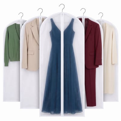 Cheqo® Kledinghoezen Set van 5 - Kledingzak met Rits - Opbergtas voor Kleding - Beschermhoes voor Trouwjurk en Lange Jurk - Kostuumhoes voor Hangende Kleding - Transparant - Stofdicht en Waterafstotend - Ademend voor Kledingkast - Kledingzakken