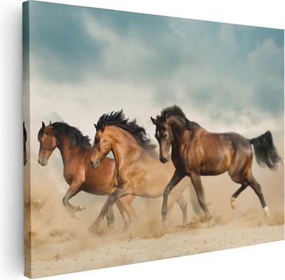 Artaza Canvas Schilderij Wilde Paarden - 40x30 cm - Klein - Canvas Schilderijen Woonkamer - Muurdecoratie Dierenkop - Galopperende Kudde