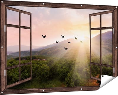 Gards Tuinposter Doorkijk Silhouet Zwerm Vogels bij Zonsondergang - 150x100 cm - Tuindoek - Tuindecoratie - Wanddecoratie buiten - Tuinschilderij