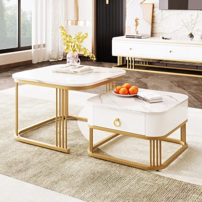 Sweiko 2-delige Set Salontafel, Hoogglans marmer look, Gouden accenten, Bijzettafel met lades