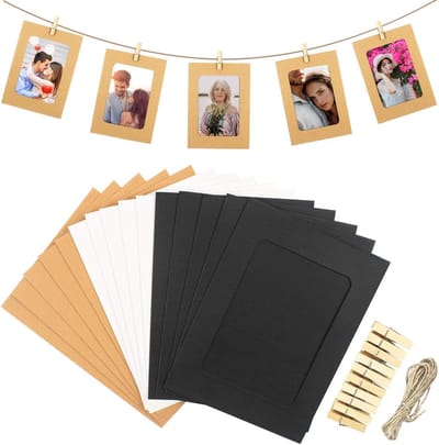 30 stuks papieren fotolijsten met clips en henneptouwen, hangend albumframe, 15 x 10 cm kraftkartonnen fotolijsten, matten voor thuis, school, kantoor, wanddecoratie (3 kleuren)