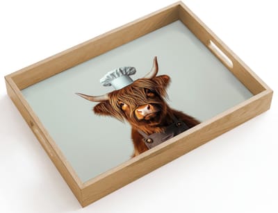 Dienblad hout 40x30 cm - Schootdienblad - Schotse Hooglander - Bruin - Hoorns - Kokskleding - Borrelplank rechthoek - Plateau dienbladen