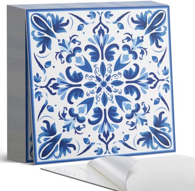Coloray Plaktegels - Bloemmotief in symmetrie Zelfklevende Tegels - 20 cm x 20 cm - Blauw Plaktegels - 20 stuks - Vierkant PVC Tegels - Plaktegels Badkamer - Plaktegels Vloer - Vinyltegels Vloer Zelfklevend - Wandtegel Zelfklevend