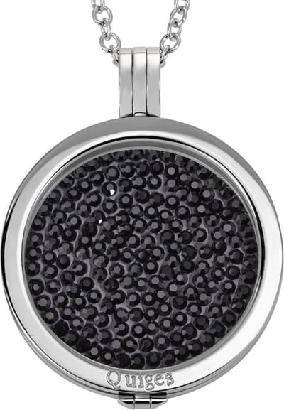 Quiges - Munthouder met Ketting en Munt 33mm Zirkonia Zwart - RVS Zilverkleurig - ERHS147
