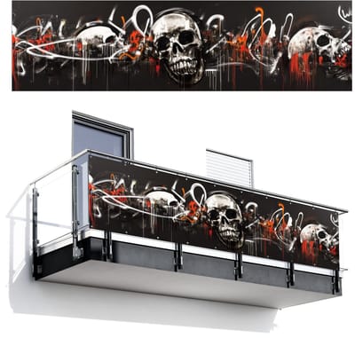 Balkonscherm 300x80 cm - Balkonposter Schedels - Kunst - Donker - Rood - Balkon scherm decoratie - Balkonschermen - Balkondoek zonnescherm