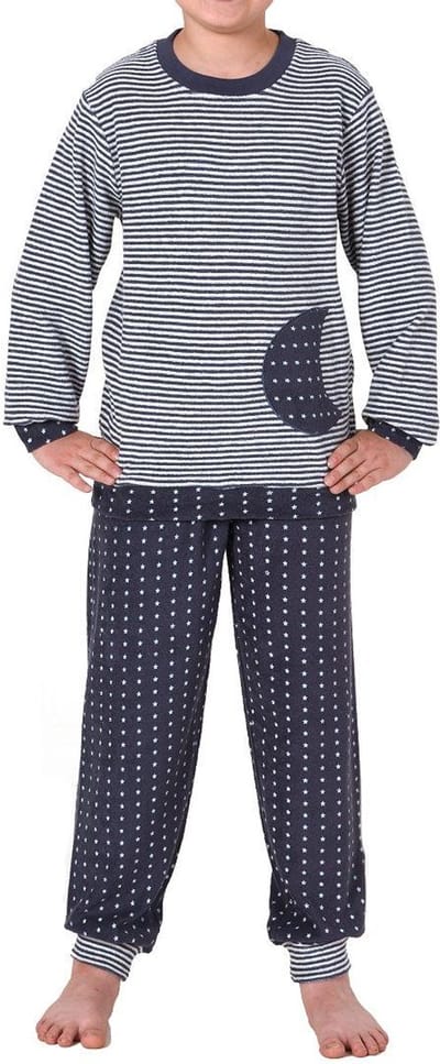 Badstof pyjama voor jongens met manchetten, warme kinderpyjama in leuke gestreepte look