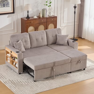 Multifunctionele corduroy bank met opbergruimte en uitschuifbaar bed. Inclusief USB-C-aansluiting, sfeerverlichting, bekerhouders en brede armleuningen. Creëert gezellige en comfortabele ruimtes in woonkamers en logeerkamers.