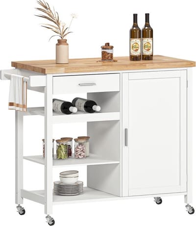 Keukeneiland - Verplaatsbaar - Keukenkast - Dressoir - Organizer - Kasten - Houten Werkblad - Wit