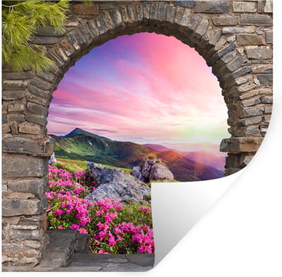 Muurstickers - Sticker Folie - Landschap - Doorkijk - Bloemen - Berg - 100x100 cm - Plakfolie - Muurstickers Kinderkamer - Zelfklevend Behang XXL - Zelfklevend behangpapier - Stickerfolie
