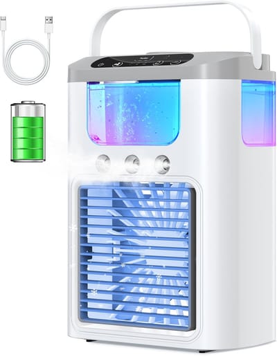 Mini-airco / draagbare koelventilator (1200 mAh accu), 600 ml watertank, compact ontwerp met nachtlampje (7 kleuren), 3 vernevelingsstanden, oplaadbaar