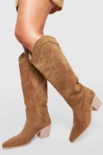 boohoo Dames Casual Faux Suede Kniehoge Western Cowboy Boots | Dark Tan | Maat: 37