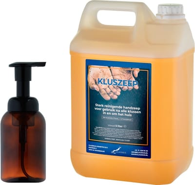 Zeepdispenser 300 ml amber bruin hervulbaar + 5 liter Kluszeep navulling