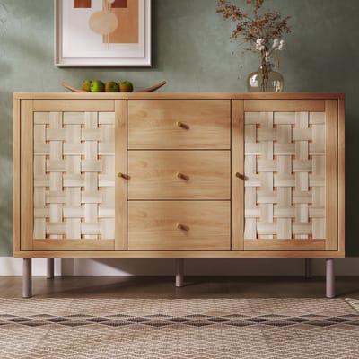 Dressoir - 120x40x75 cm - Landhuis Met 2 Deuren 3 Lades Verstelbare Planken en Anti-Kip - Hout - Eiken