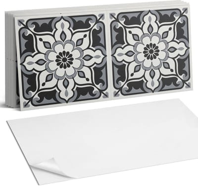 Coloray Plaktegels - Bloemenpatroon met ornamenten Wandtegel Zelfklevend - 60 cm x 30 cm - Zwart Plaktegels - 6 stuks - Rechthoek PVC Tegels - Plaktegels Keuken - Zelfklevende Vloertegels Badkamer - Vinyltegels Vloer Zelfklevend - Portugese Tegels