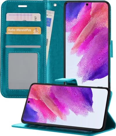 Hoesje - Met Pasjeshouder - Geschikt voor Samsung Galaxy S21 FE - Luxe Bookcase Portemonee - Flip Case - Kunstleer Book Case - Flipcase - Book Cover - Walletcase - Portemonneehoes - Telefoonhoesjes - Turquoise