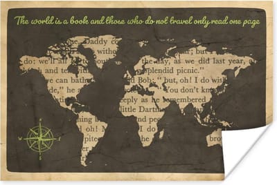 Poster Wereldkaart - Quote - Boek - 30x20 cm