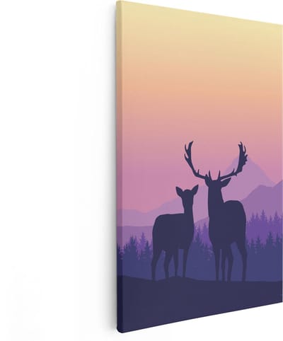 Artaza Canvas Schilderij Hert - 80x120 cm - Groot - Wanddecoratie Silhouet - Muurdecoratie Bergen - Schilderijen Op Canvas Zonsondergang - Paars