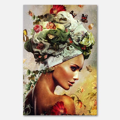 Poster op Papier - 40 x 60 cm - Vrouw met bloemenhoofdtooi en vlinders - PosterJunkie