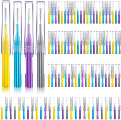 Set van 100 stuks tandenborstelhouders voor het reinigen van de tussenruimtes, tandenstokerpunten, tandzijde en andere hulpmiddelen voor mondhygiëne (lichtblauw, geel, grijs, paars).
