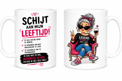 bedrukte Beker / mok met tekst en afbeelding - schijt aan mijn leeftijd