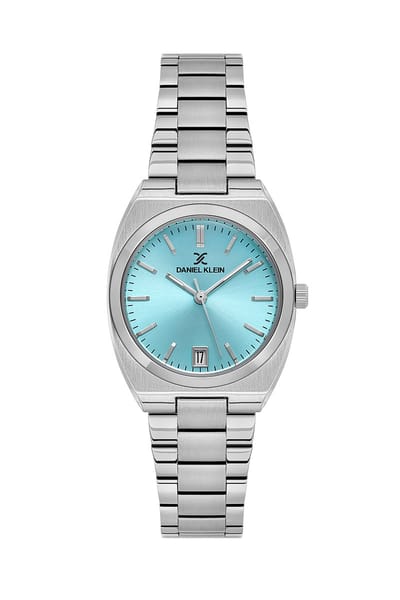Daniel Klein DK.1.13960-2 - Horloge - Polshorloge - Analoog - Dames - Vrouwen - Vierkant - Rond - Stalen band - Metaal - Strepen - Datumaanduiding - Zilverkleurig - Turkoois - Zwart