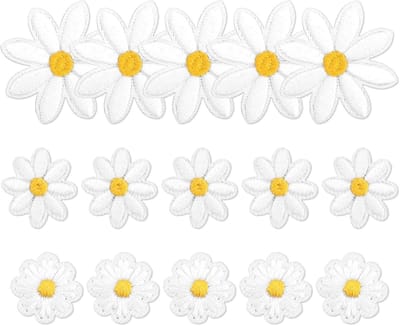 Famanu - Set van 15 madeliefpatches, geborduurd in 3 maten, voor kleding, schoenen en tassen – Wit/Geel