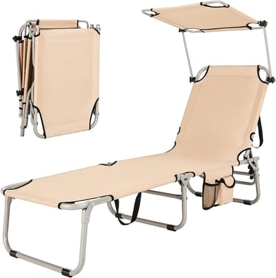 Opvouwbare ligstoel - Verstelbare relaxstoel - Ontspannen buiten - Met zonnescherm - 150 kg capaciteit - Beige
