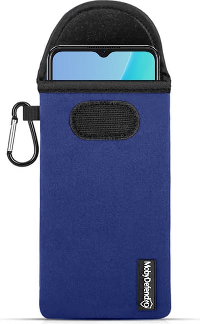 MobyDefend Hoesje - Geschikt voor Oppo A57 / A57s / A77 - Neopreen Pouch Met Karabijnhaak - Insteek - Riemlus - Blauw