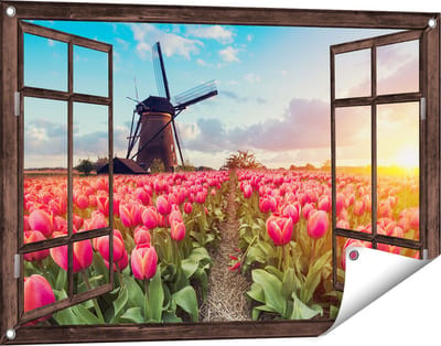 Gards Tuinposter Doorkijk Roze Tulpen Bloemenveld - met Windmolen - 90x60 cm - Tuindoek - Tuindecoratie - Wanddecoratie buiten - Tuinschilderij