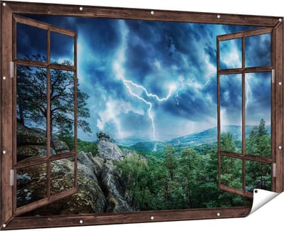 Gards Tuinposter Doorkijk Onweer in het Bos - Bliksem - 180x120 cm - Tuindoek - Tuindecoratie - Wanddecoratie buiten - Tuinschilderij