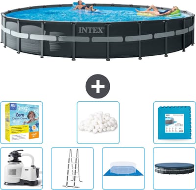 Intex Rond Ultra XTR Frame Zwembad - 732 x 132 cm - Inclusief Pomp - Ladder - Grondzeil - Afdekzeil Onderhoudspakket - Filterbollen - Vloertegels