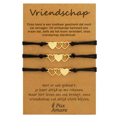Vriendschapsarmbandjes voor 3 "Vriendschap" - Hartjes - BFF Armbandjes met Cadeau Kaartje - Goudkleurig - Elastisch Verstelbaar - Pax Amare