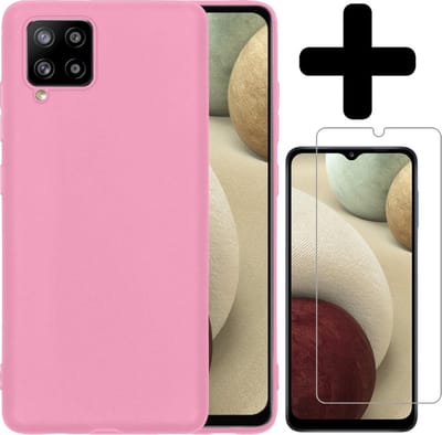 Hoesje - Met Screenprotector - Geschikt voor Samsung Galaxy A12 - Sterk & Shockproof - Back Cover - Siliconen Case - Telefoon Hoes - Telefoonhoesjes - Roze