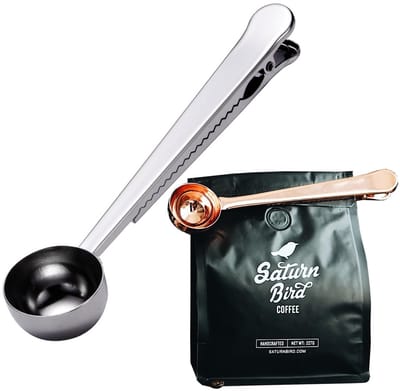 Dailygoods- Koffieschepje Roestvrij Staal - Maatschepje 17,5 cm - Koffie Maatlepel - Havermout Maatschep - Lucht Dicht Afsluiten - Handvat met Clip