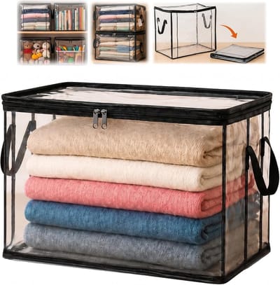 Ulisem - Opbergtas - Transparant PVC met rits - Met handvat - 38x24x32 cm - Groot formaat - Stevig en waterdicht - Voor kleding en dekens - Opvouwbaar - Herbruikbaar - Zwart
