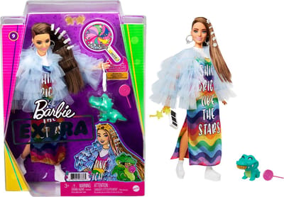Barbie Extra Doll in blauw jasje met ruches en krokodil huisdier - Modepop - Barbiepop