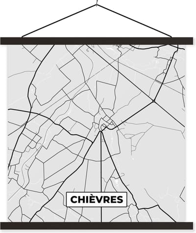 Posterhanger incl. Poster 60x60 cm - Schoolplaat - Plattegrond – Chièvres – Zwart Wit – Stadskaart - Kaart - Textielposter - Zwarte latten - Stadskaart