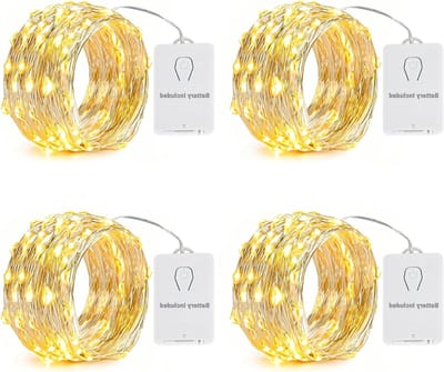 Set van 4 x 6 m 60 LED Sfeerverlichting op Batterijen - Koper Draad Fairy Lights Warm Wit met 8 Modi en Timer voor Kerst, Feest en Bruiloft Decoratie