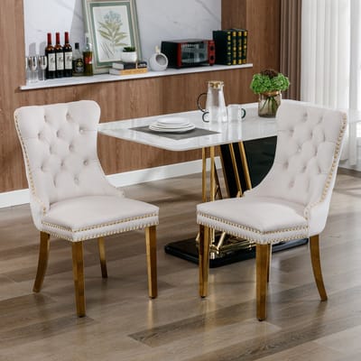 Eetkamerstoel - Set van 2 - Velvet - Eetkamerstoelen - Eettafelstoel - Keukenstoel - Modern Design - Beige, goudkleurig