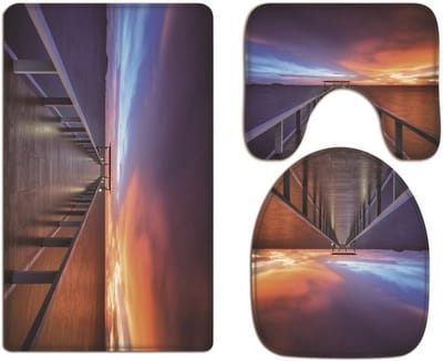 Kleurrijke Hemel Zonsondergang Lange Houten Pier Brug Zeeblauw Oceaan Print Flanellen Doek Wasbare Toilet Stoelhoezen Deksel Covers Kussens Pads Skidproof Badmat Rug voor Toilet Accessoires