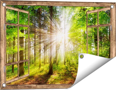 Gards Tuinposter Doorkijk Bos met Zon tussen de Bomen - 60x40 cm - Tuindoek - Tuindecoratie - Wanddecoratie buiten - Tuinschilderij