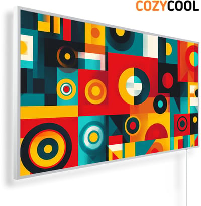 Infraroodpaneel met afbeelding | Geometrisch abstracte achtergrond met kleurrijke cirkels | 1200 Watt | Witte lijst | Infrarood verwarmingspaneel | Infrarood paneel | Infrarood verwarming