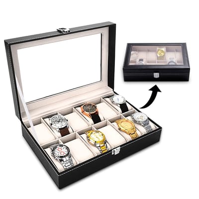 Cosensi - Dailygoods - Dailygoody - Horlogedoos - Horlogebox - 12 Vakken - Glazen Deksel - Sieradenorganizer - Multifunctioneel en Stijlvol - Geschikt voor Juweliers en Verz